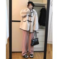 2024冬季女连帽撞边麂皮绒复合外套宽松加厚设计感外套