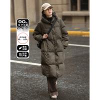 【复古长款连帽羽绒服】冬款斜插袋加腰带长款羽绒服女