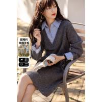 【淡颜高知穿搭】冬季假两件拼色腰带含呼吸感绵羊毛A字连衣裙女