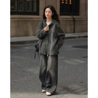【长毛呢黑灰外套】2024冬款保暖气质黑灰带帽外套女