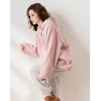 2024冬季女连帽净色长袖宽松仿羊羔毛外套毛绒绒可爱百搭休闲