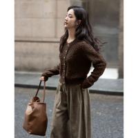 【咖色绒感针织衫】2024冬款圆领假门襟设计长袖针织衫女