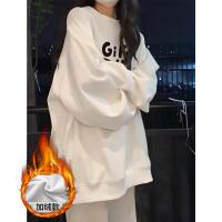 2024冬季女圆领前胸线条图案加绒卫衣减龄百搭韩版学院风休闲