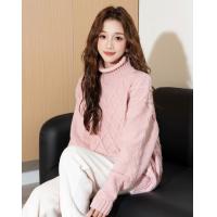 2024冬季女半高领绞花毛线衫净色简约上衣时尚百搭