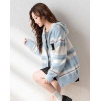 2024冬季女连帽左胸字母条纹拼色开衫毛线衫休闲时尚