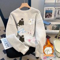 2024冬季女圆领前胸图案加绒卫衣美式复古慵懒风百搭韩版休闲