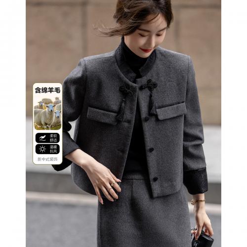 【会呼吸的绵羊毛】24冬季国风新中式顺毛呢盘扣翻边大衣女外套