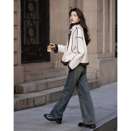 【青春纪念册】冬学院风复合聚酯摇粒绒翻袖口拼色棉衣外套女短款