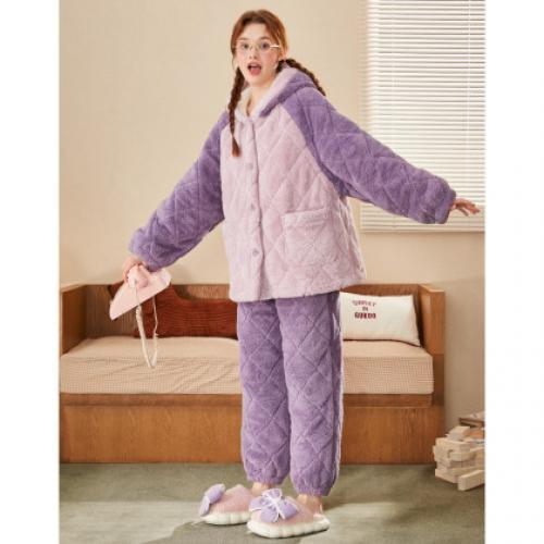 Gukoo/果壳【加厚夹棉】睡衣女秋冬连帽加厚夹棉保暖甜美家居服套装可外穿