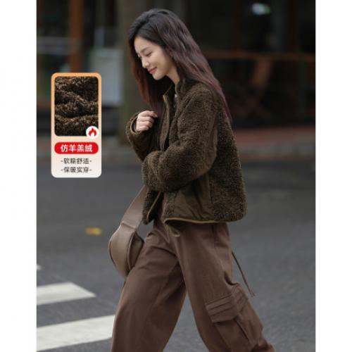 【复古咖毛绒外套】2024冬款不规则弧线拉链仿羊羔绒外套女