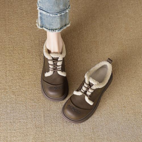 2024温暖冬日百搭舒适休闲复古圆头拼接字母玫瑰系带毛毛鞋