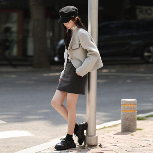 【格雷系】2024年冬季韩系宽肩撞色工艺线双面呢羊毛外套大衣