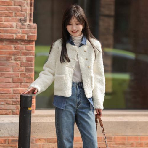 【奶油慕斯】秋冬 新中式精致盘扣基础款圆领纯色仿羊羔毛外套
