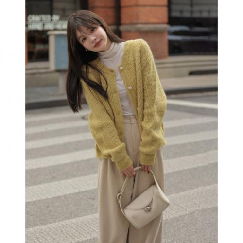 【温暖黄开衫】2024冬款时尚纯色长袖针织开衫女