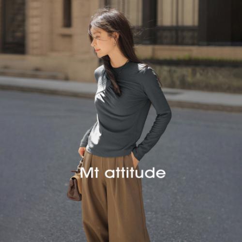 【抓毛弹力】2024年新品罗纹面料褶皱结构设计圆领长袖打底衫