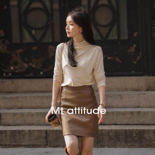 【基础简约 】2024年冬季弹力罗纹交叉半高领设计长袖打底衫