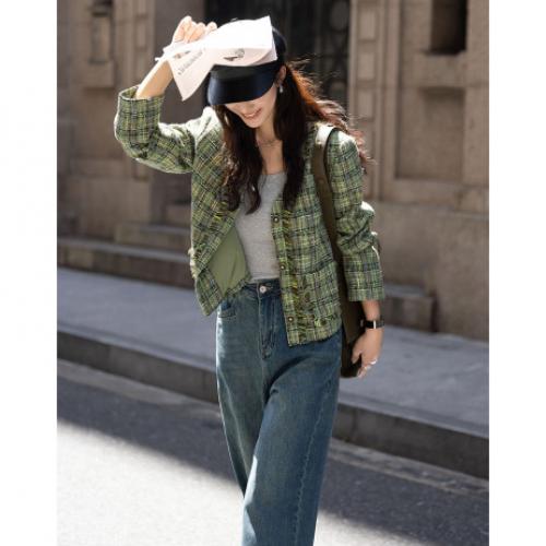 【清新元气绿小香风】2024秋精致粗花呢V领小香风西装外套女