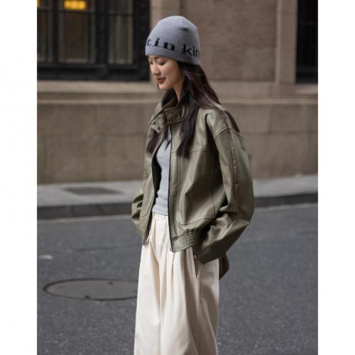 【潮酷街头风】2024秋立领设计小众造型感大贴袋简约皮衣外套