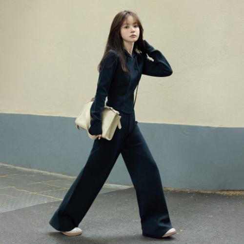 【沉静迷人藏青】2024冬季款 简约针织衫松紧腰头阔腿裤套装