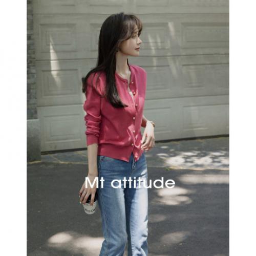 【格雷慵懒风】2024 秋季款经典纯色时尚金属扣圆领长袖开衫