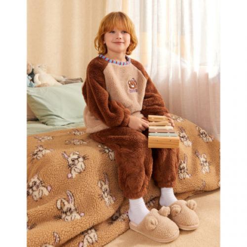 【童趣小熊系列】男童睡衣秋冬加厚北极绒绣花家居服套装可外穿