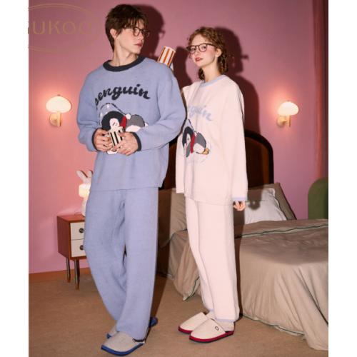 Gukoo/果壳睡衣情侣冬季小企鹅印花新款半边绒保暖男家居服套装D