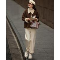 【温暖纪念日】冬简约风仿羊羔绒复合棉衣撞色翻袖口棉服短外套女