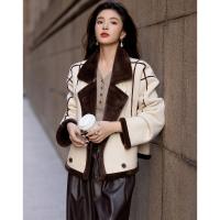 【青春纪念册】冬学院风复合聚酯摇粒绒翻袖口拼色棉衣外套女短款