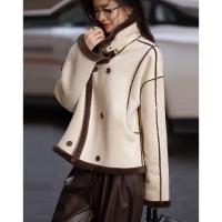 【青春纪念册】冬学院风复合聚酯摇粒绒翻袖口拼色棉衣外套女短款