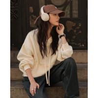 【温暖米色连帽卫衣】2024冬款保暖薄绒袋鼠大口袋宽松卫衣女