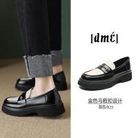 2024年春季新款简约百搭英伦风金色马鞍扣圆头深口乐福鞋女单鞋