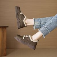 2024温暖冬日百搭舒适休闲复古圆头拼接字母玫瑰系带毛毛鞋