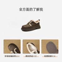 2024温暖冬日百搭舒适休闲复古圆头拼接字母玫瑰系带毛毛鞋