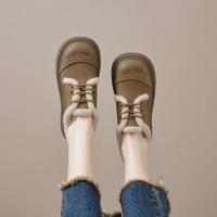 2024温暖冬日百搭舒适休闲复古圆头拼接字母玫瑰系带毛毛鞋