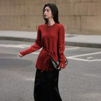 【贺岁红玫瑰】冬季复古珍珠圆领系带长袖针织衫软糯舒适女式上衣