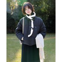 【中式毛料拼接】2024冬季款立领牛角扣时尚新中式百搭羽绒服