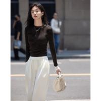 【圆领条纹针织衫】2024冬假两件拼接设计深条纹撞色显瘦上衣