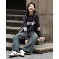 【灰紫条纹撞色上衣】2024冬软糯舒适圆领套头长袖针织衫女