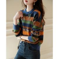 【拼色针织衫】冬季通勤圆领宽松落肩长袖微弹毛衣女秋冬