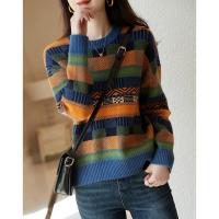 【拼色针织衫】冬季通勤圆领宽松落肩长袖微弹毛衣女秋冬