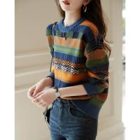 【拼色针织衫】冬季通勤圆领宽松落肩长袖微弹毛衣女秋冬