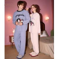 Gukoo/果壳睡衣情侣冬季小企鹅印花新款半边绒保暖男家居服套装D