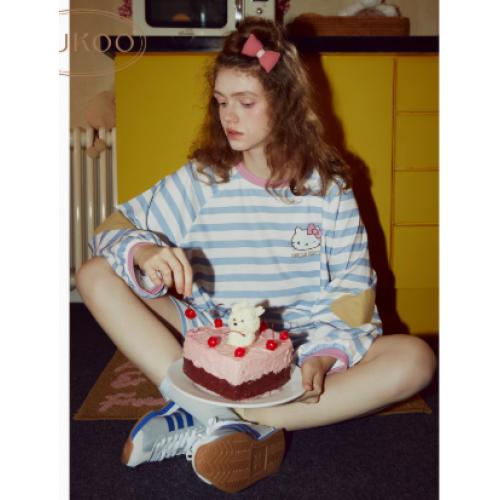  Gukoo/果壳睡衣女春秋款hellokitty联名新款条纹纯棉家居服套装A