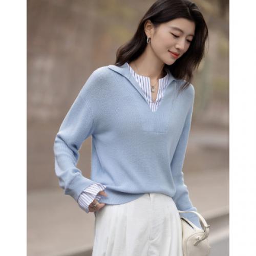 【绵羊毛桑蚕丝混纺】2026春极简风拼接条纹翻领线衫气质女式针织衫