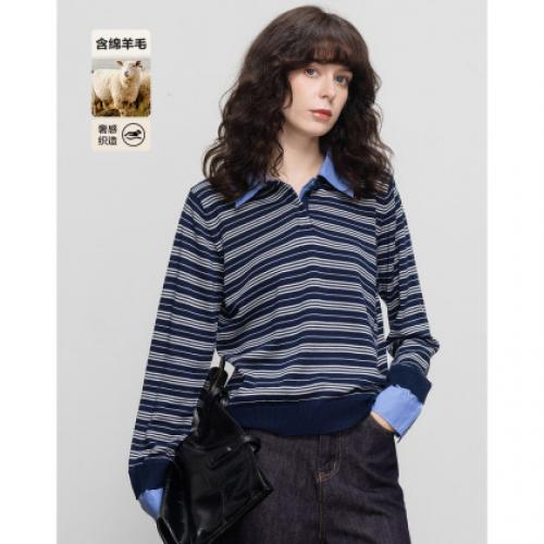【含绵羊毛】2026春航海老钱风假两件线衫翻领条纹拼色针织衫女上衣