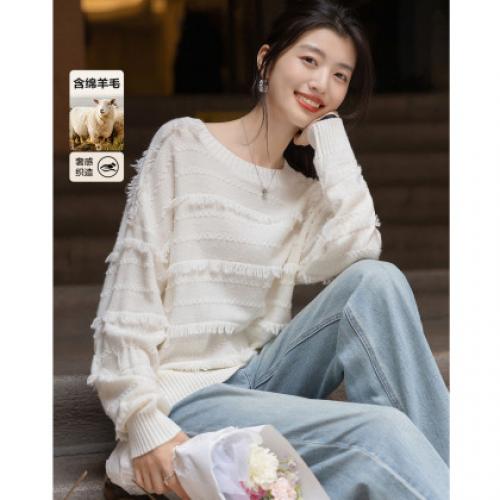 【云暮琉光】冬季蓬松感绵羊毛提花流苏线衫落肩宽松针织衫女上衣