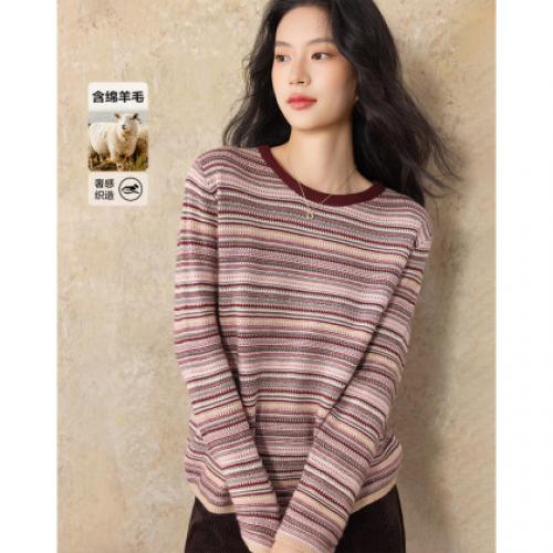 【含绵羊毛】冬季复古圆领撞色条纹提花线衫宽松藏肉针织衫女上衣