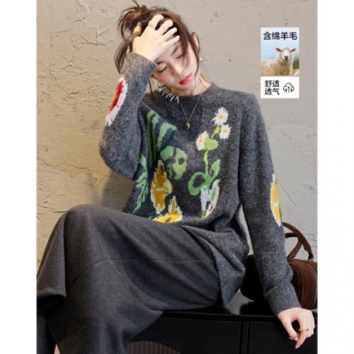 【含绵羊毛】秋季气质珠花绒线衫圆领手工锁边撞色提花针织衫上衣