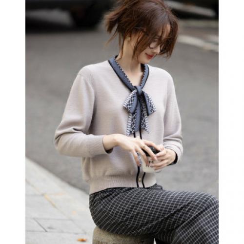 【日杂通勤自留】春秋冬丝带珍珠扣装饰开衫多季通穿针织衫女上衣