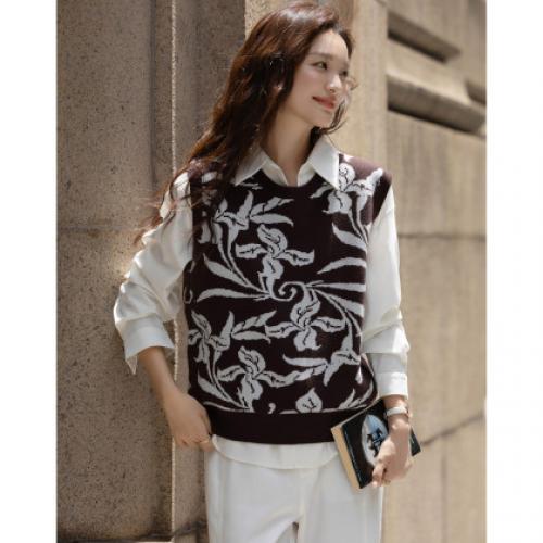 【提花诗人】秋季复古风花朵提花线衫圆领无袖马甲针织衫女上衣